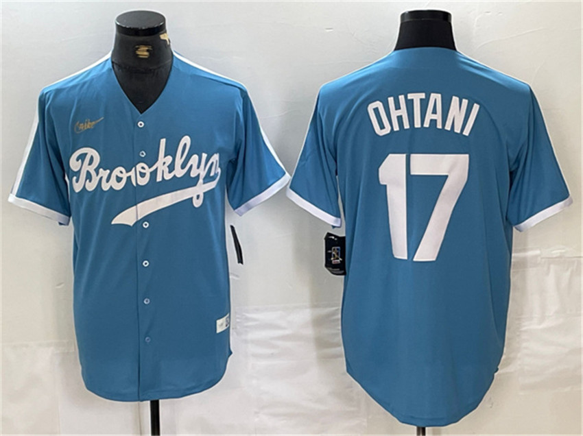 Men's Light Blue Los Angeles Dodgers #17 Shohei Ohtani Throwback Cool Base Stitched Baseball Jersey